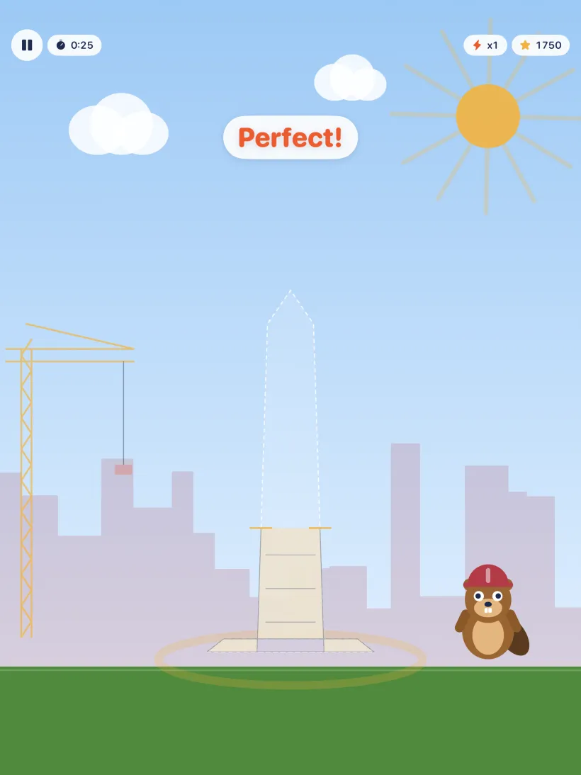 Build to the Beat gameplay: a monument rising as the child taps, with a Perfect rating on screen