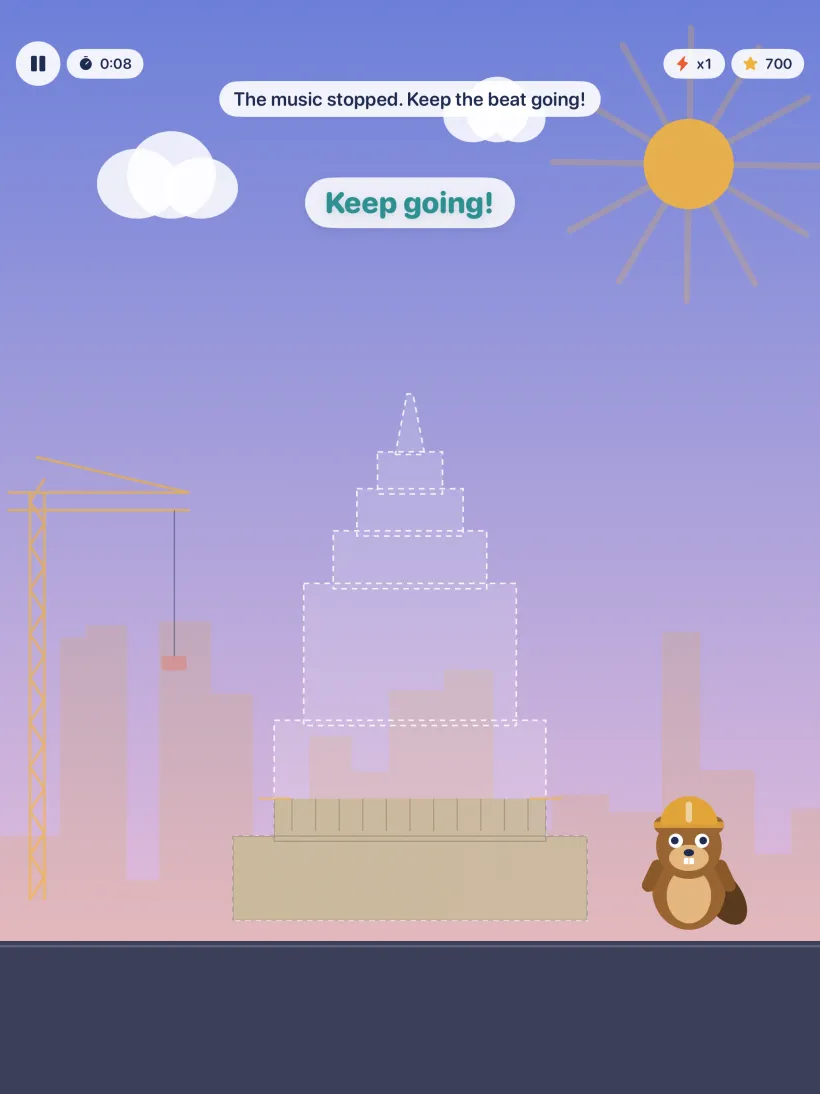 Keep the Beat: the music has stopped and the screen prompts the child to keep the beat going