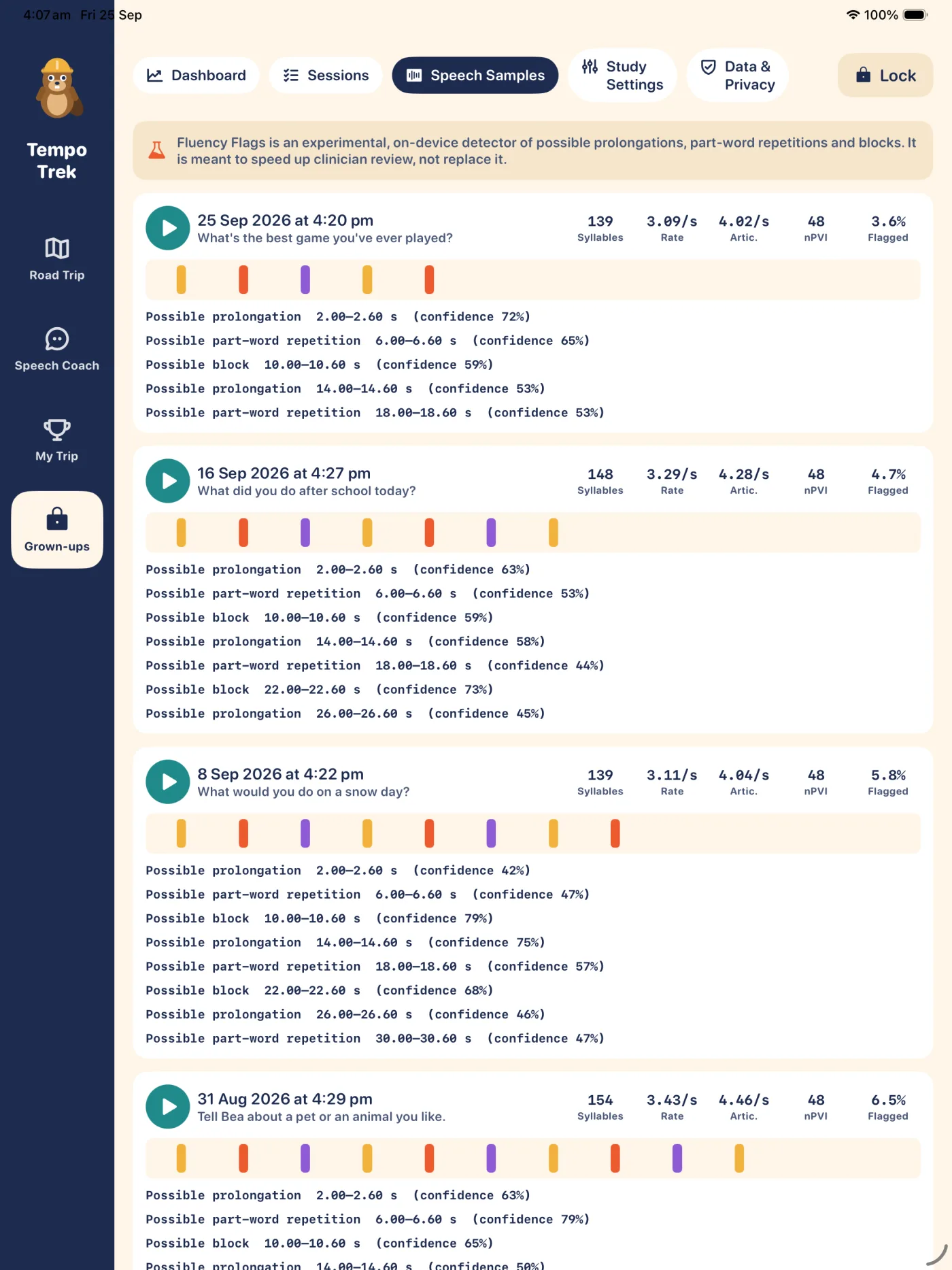 Speech samples list with syllable counts, speech rate, articulation rate, nPVI and a timeline of flagged events