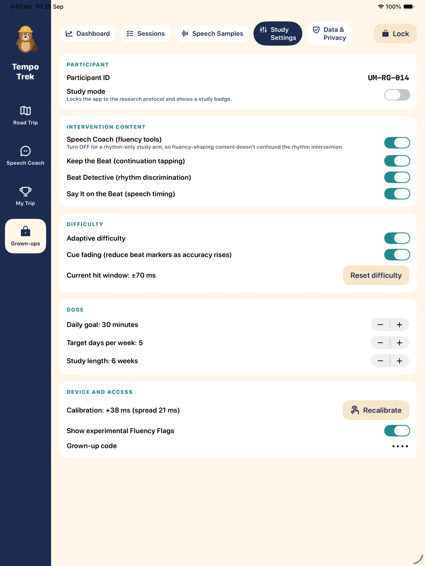 Study settings screen with a study mode switch, module switches, difficulty controls, dose settings and a switch for experimental Fluency Flags