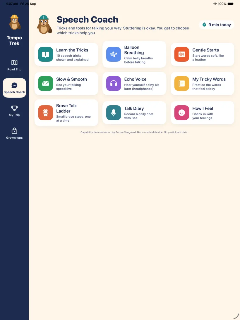 Speech Coach home screen with lesson tiles for belly breathing, gentle starts, slow and smooth speech and more