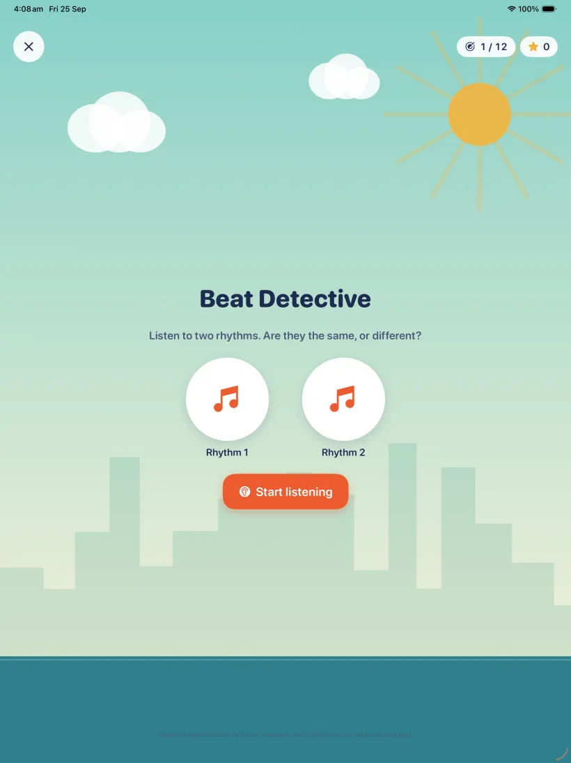 Beat Detective: the child listens to two rhythms and decides whether they are the same or different