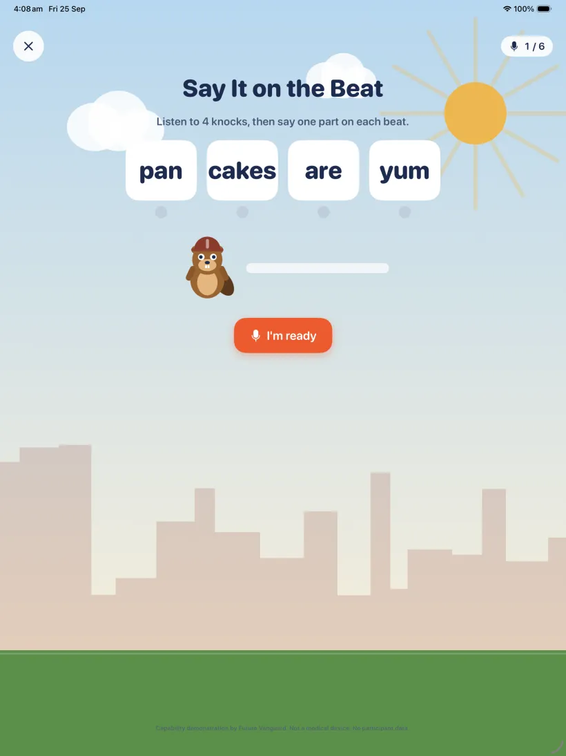 Say It on the Beat: four words on screen, one per beat, with a count-in