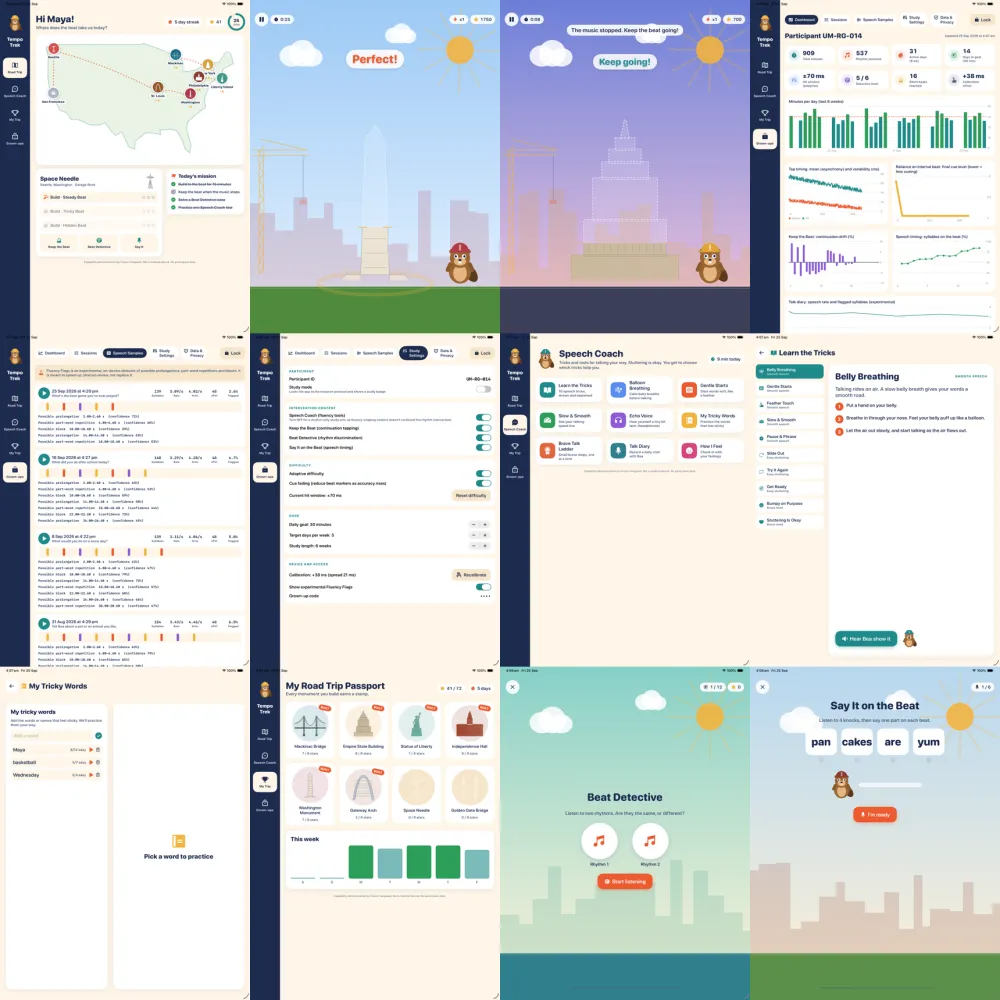 Overview of Tempo Trek screens: road trip map, gameplay, dashboard, speech coach and passport